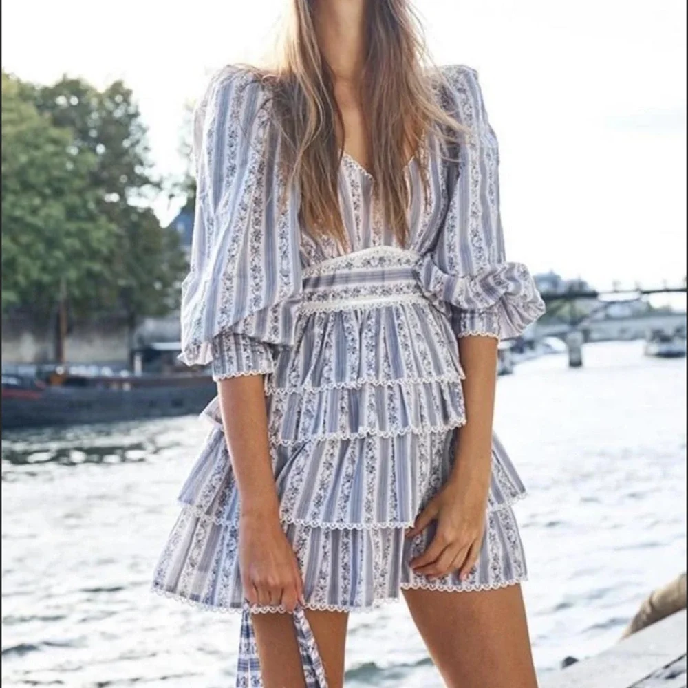 LoveShackFancy Blue and White Striped Mini Dress - Picture 1 of 8